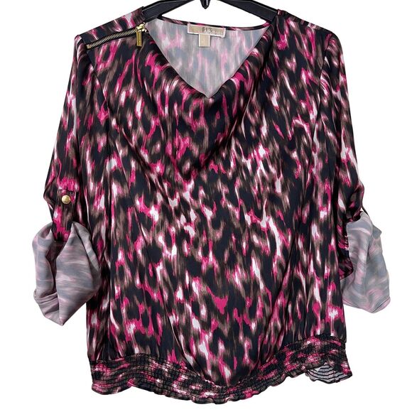 Michael Kors Blouse Size Large Pink Multi Cowl Neck Zip Shoulder Roll Tab Sleeve - Picture 1 of 10
